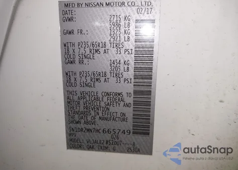 2017 Nissan Pathfinder Sv z USA, uszkodzony, nr VIN 5N1DR2MN7HC665749